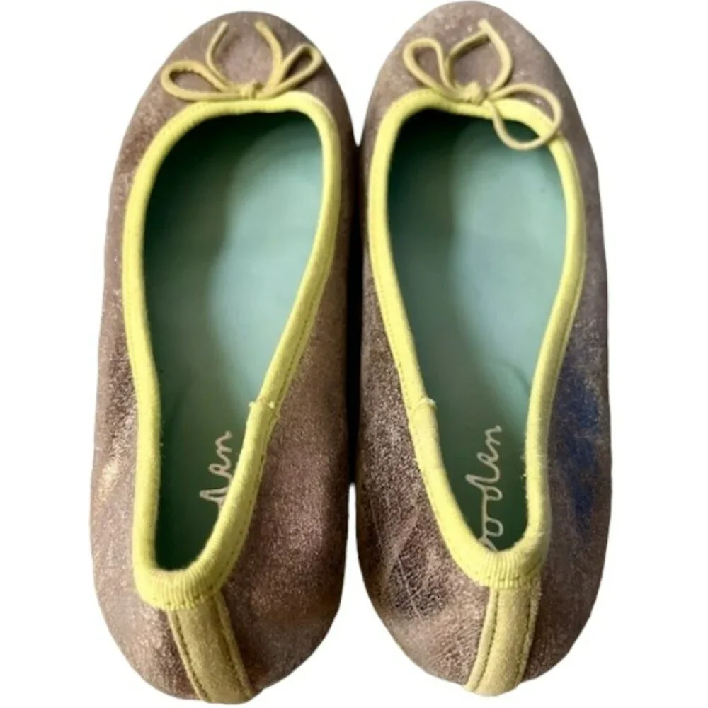 Boden Metallic Wedge Ballerina Shoes Leather Bow - Gold/Lime - 38 (7.5-8)